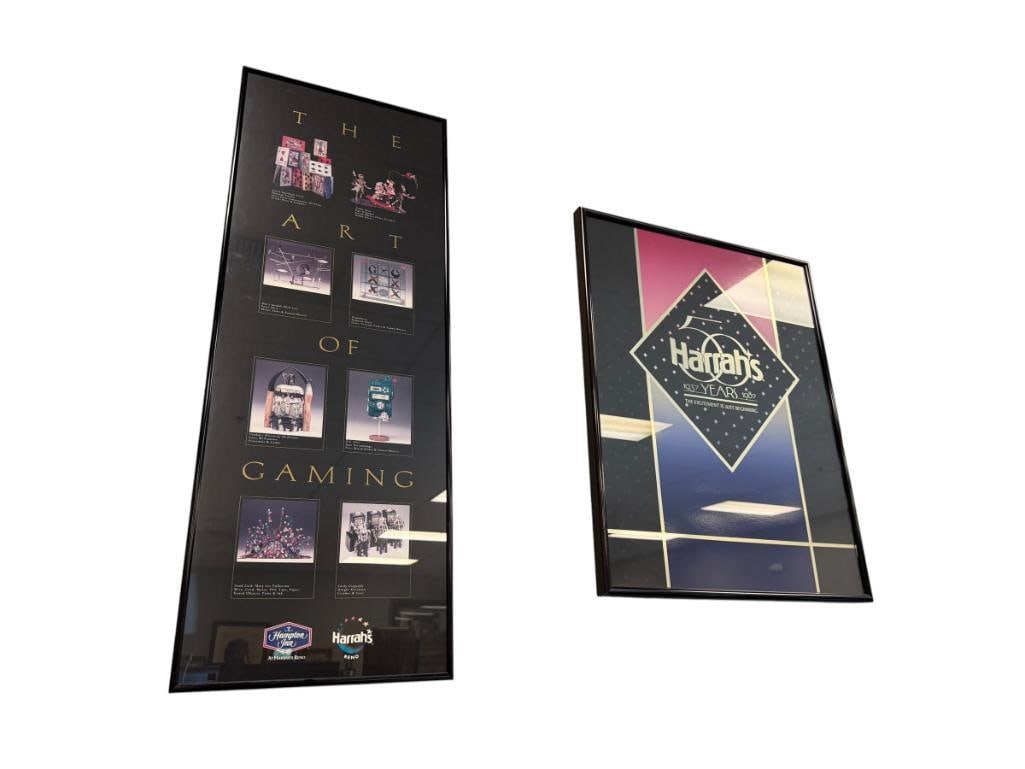 HARRAH'S CASINO 1987 COMMEMORATIVE POSTER AND THE ART OF GAMING POSTER: 14" X 37" AND 22" X 28'' FRAMES