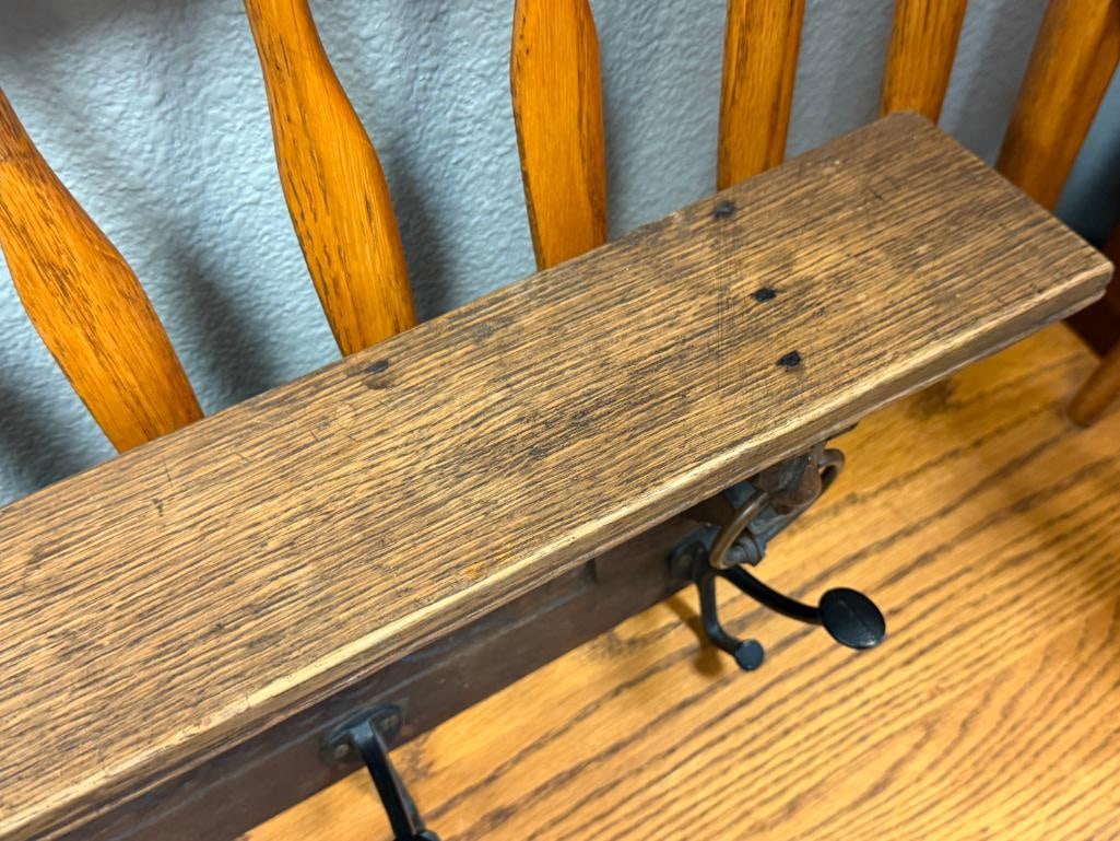 20TH CENTURY CARVED OAK HAT / COAT RACK WITH BRASS RINGS AND CAST IRON HOOKS - 5