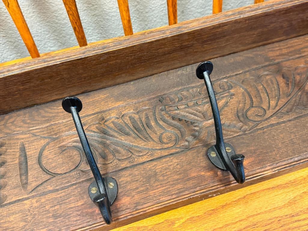 20TH CENTURY CARVED OAK HAT / COAT RACK WITH BRASS RINGS AND CAST IRON HOOKS - 6