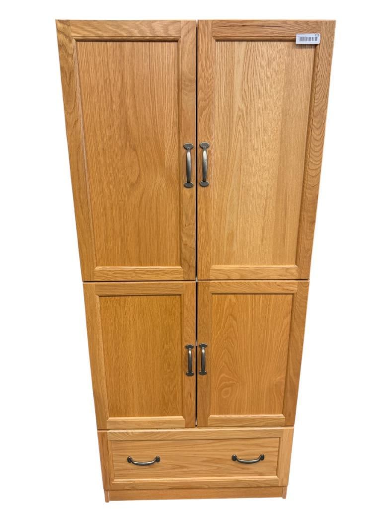 OAK AND LAMINATE COMPOSITE STORAGE CABINET / WARDROBE: FEATURES ROD FOR HANGING CLOTHES, MULTIPLE ADJUSTABLE SHELVES AND STORAGE DRAWER, LIKE-NEW CONDITION 30" X 20" X 70" 
