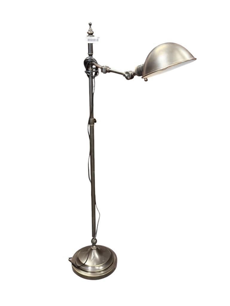 INDUSTRIAL STYLE FLOOR LAMP IN BRASS PATINA FINISH: ADJUSTABLE ARM, TESTED + 50" H