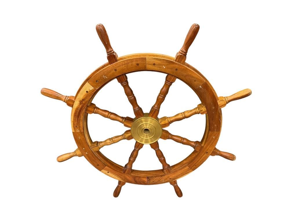 SOLID TEAK SHIPS WHEEL WITH BRASS HUB: 36" ROUND