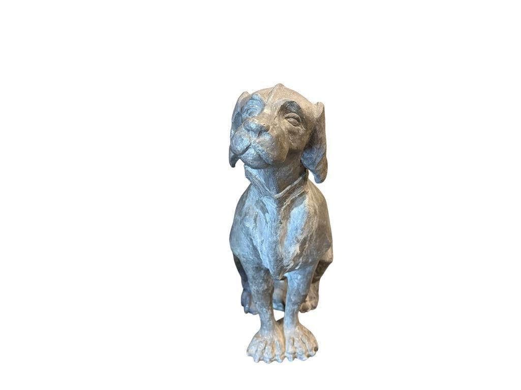 SOLID PEWTER SEATED HUNTING DOG SCULPTURE HEAVY: GALVANIZED FINISH, HOLLOW, SLIGHT CRACK IN BACK OF NECK 20" H 