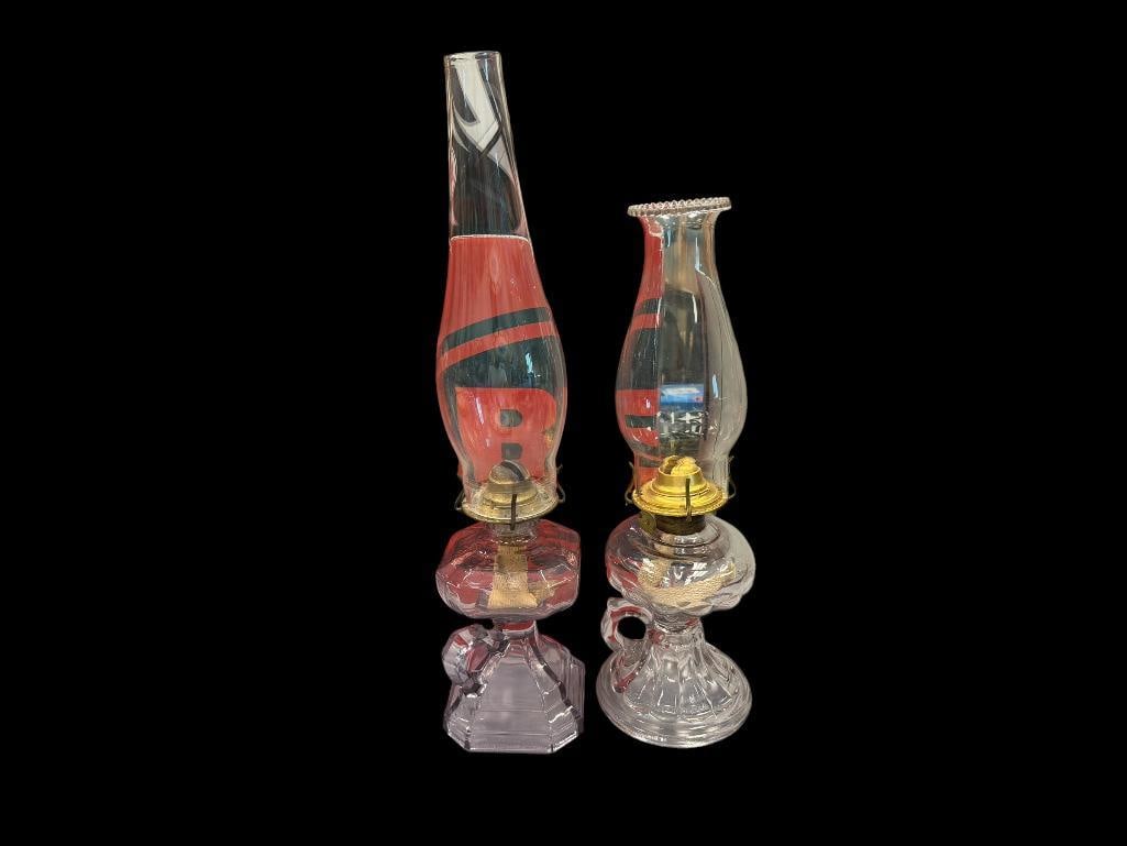 TWO ANTIQUE SUN PURPLED GLASS OIL LAMPS FEATURING FINGER LOOP HANDLES (1 of 14)