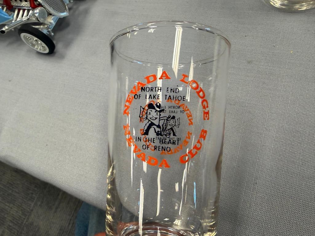 EIGHT VINTAGE NEVADA CLUB AND LODGE BAR GLASSES " NORTH END OF LAKE TAHOE IN THE HEART OF RENO " - 12