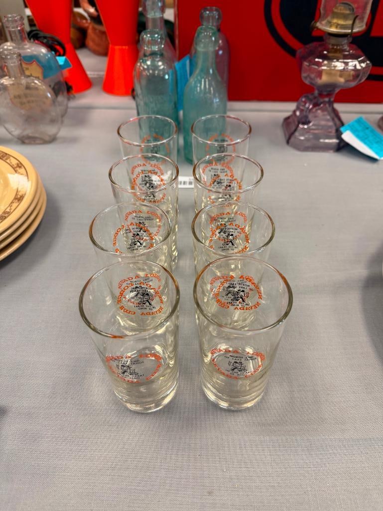 EIGHT VINTAGE NEVADA CLUB AND LODGE BAR GLASSES " NORTH END OF LAKE TAHOE IN THE HEART OF RENO " - 3