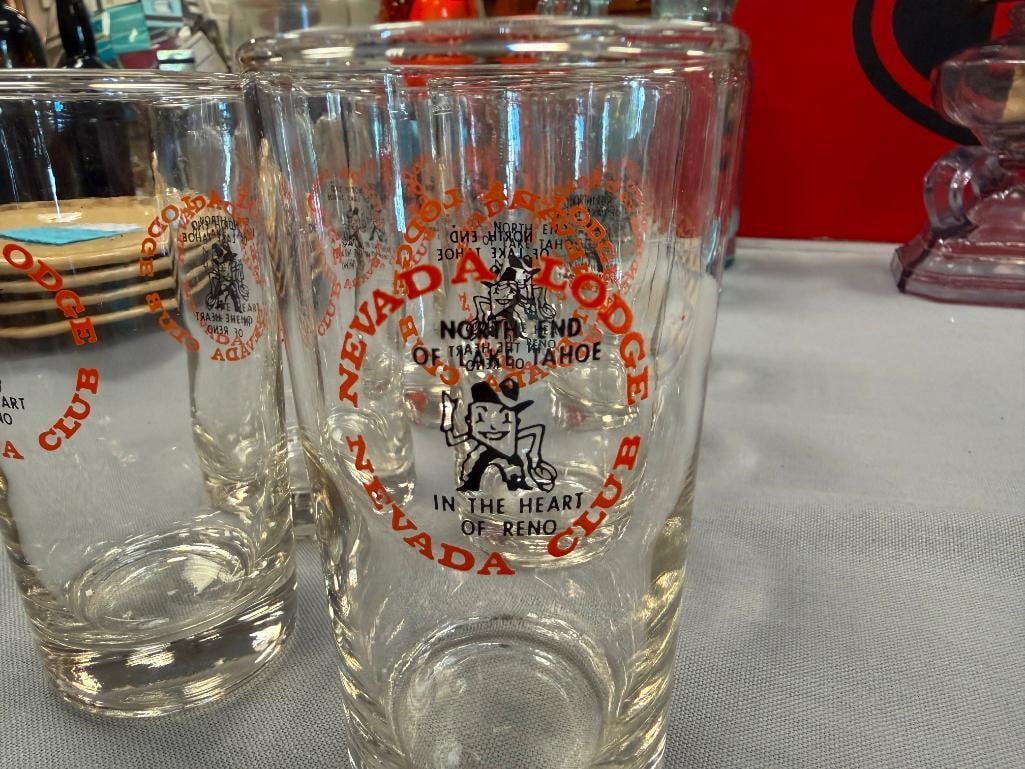 EIGHT VINTAGE NEVADA CLUB AND LODGE BAR GLASSES " NORTH END OF LAKE TAHOE IN THE HEART OF RENO " - 6