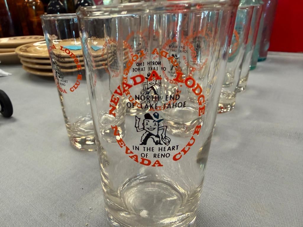 EIGHT VINTAGE NEVADA CLUB AND LODGE BAR GLASSES " NORTH END OF LAKE TAHOE IN THE HEART OF RENO " - 7