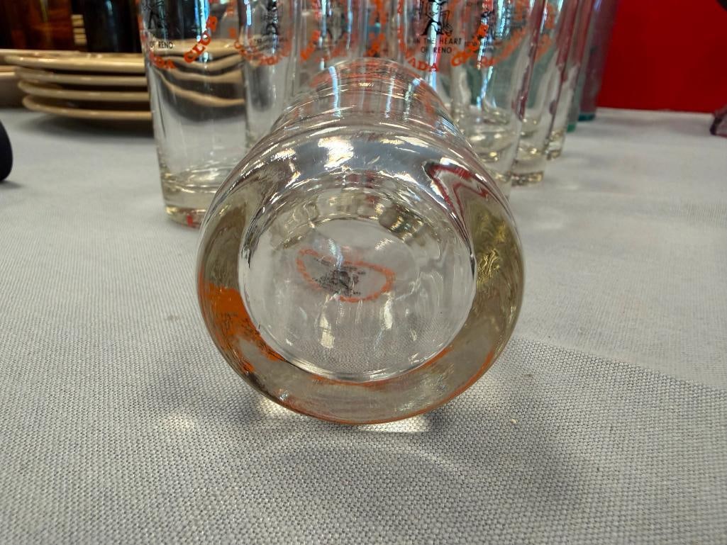 EIGHT VINTAGE NEVADA CLUB AND LODGE BAR GLASSES " NORTH END OF LAKE TAHOE IN THE HEART OF RENO " - 8