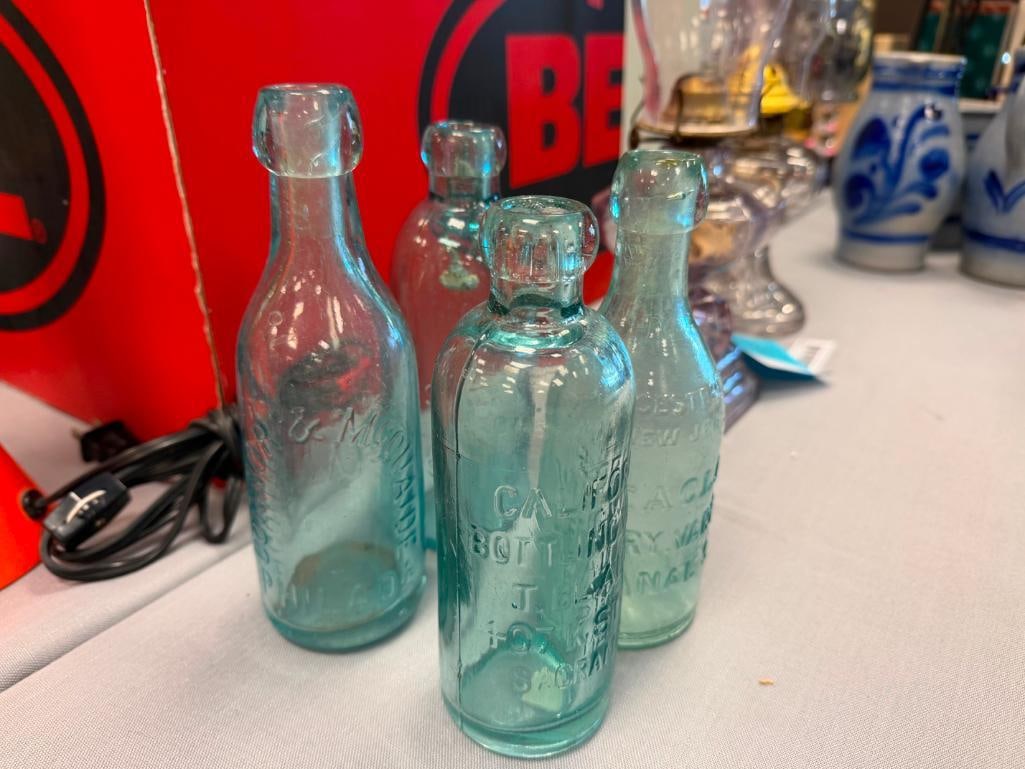 FOUR ANTIQUE CIRCA 1900 HUTCHINSON AND BLOB TOP SODA BOTTLES NCLUDNG - 4