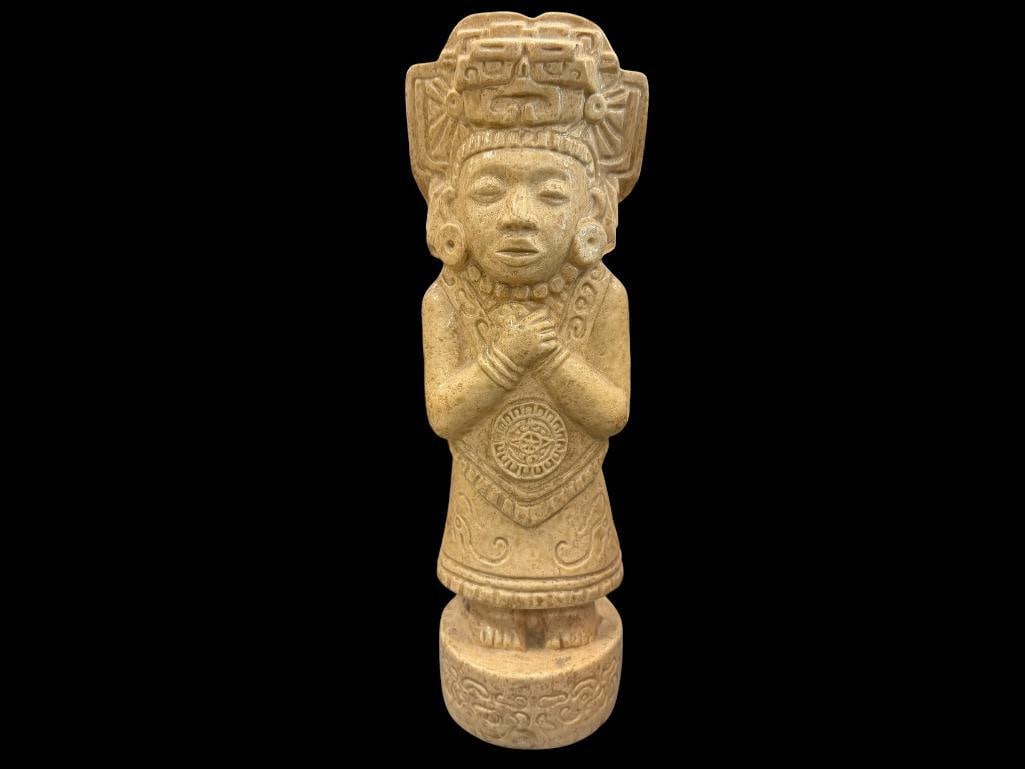 HANDCRAFTED M.H. STRIKOW BONE CHINA ART PORCELAIN PRE-COLUMBIAN DESIGN DECANTER: CORK HAS BEEN BROKEN OFF AT TOP, NO CHIPS OR CRACKS, MARKED ON BOTTOM, LOS ANGELES 11 3/4" H