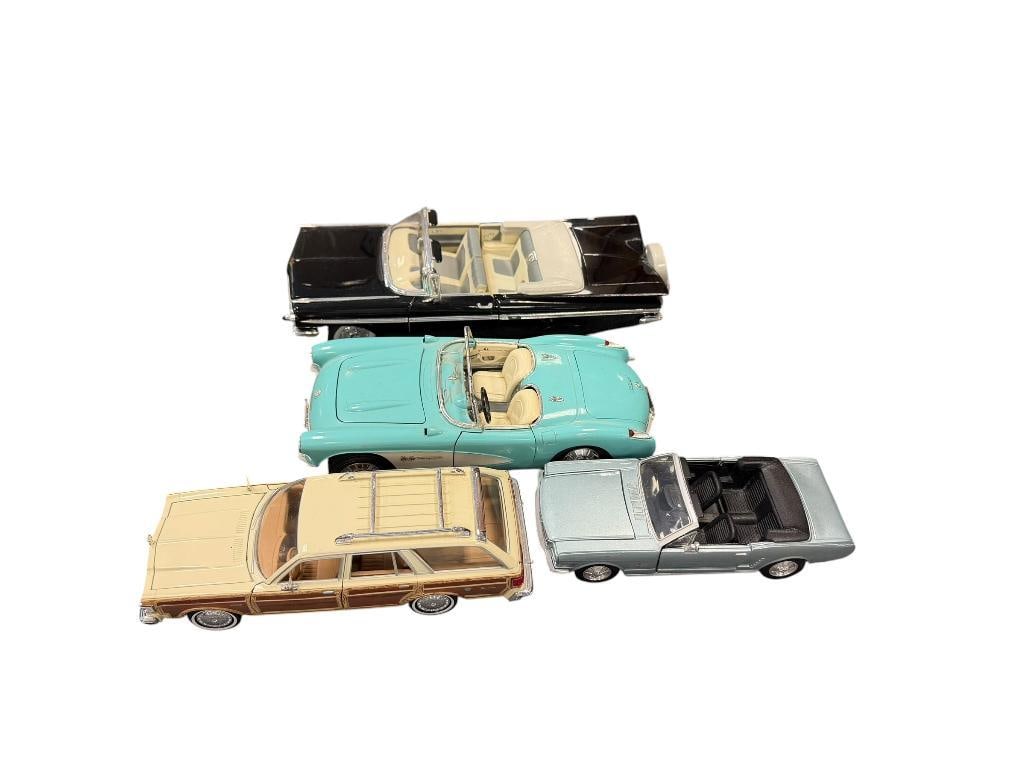 1/18 AND 1/24 DIE-CAST MODEL REPLICA CARS DURAGO CORVETTE, 64 MUSTANG, 59 IMPALA, 79 LEBARON: ALL CARS HAVE A LITTLE WEAR / PAINT WEAR / SCUFFS, CORVETTE IS MISSING ITS WINDSHIELD