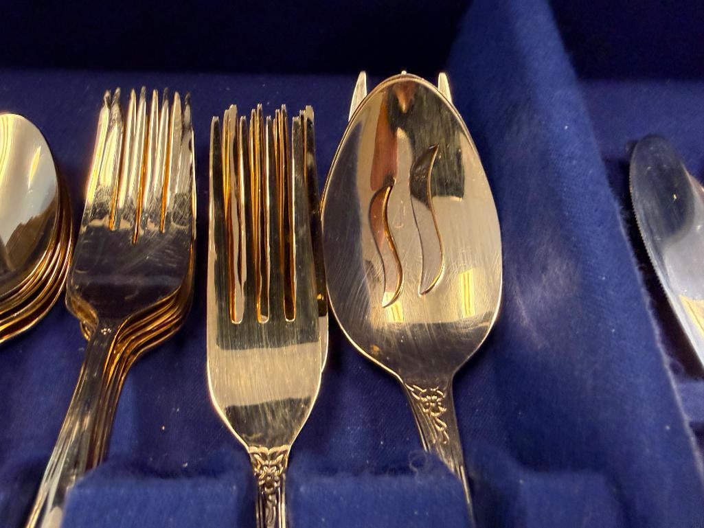 INTERNATIONAL STAINLESS STEEL GOLD PLATED FLATWARE SET - 12