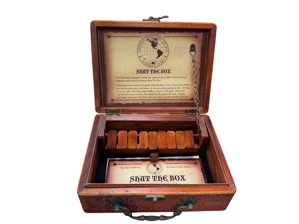 NATIONAL GEOGRAPHIC SOCIETY SHUT THE BOX GAME: DISTRESSED BOX WITH DICE AND CARD 8" X 6" X 3"