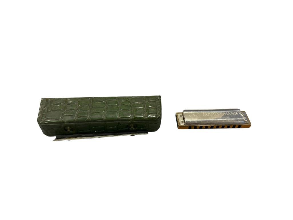 VINTAGE M. HOHNER SUPER CHROMONICA AND MARINE BAND HARMONICAS: CHROMINICA INCLUDES STORAGE POUCH 4" AND 5 1/2" 