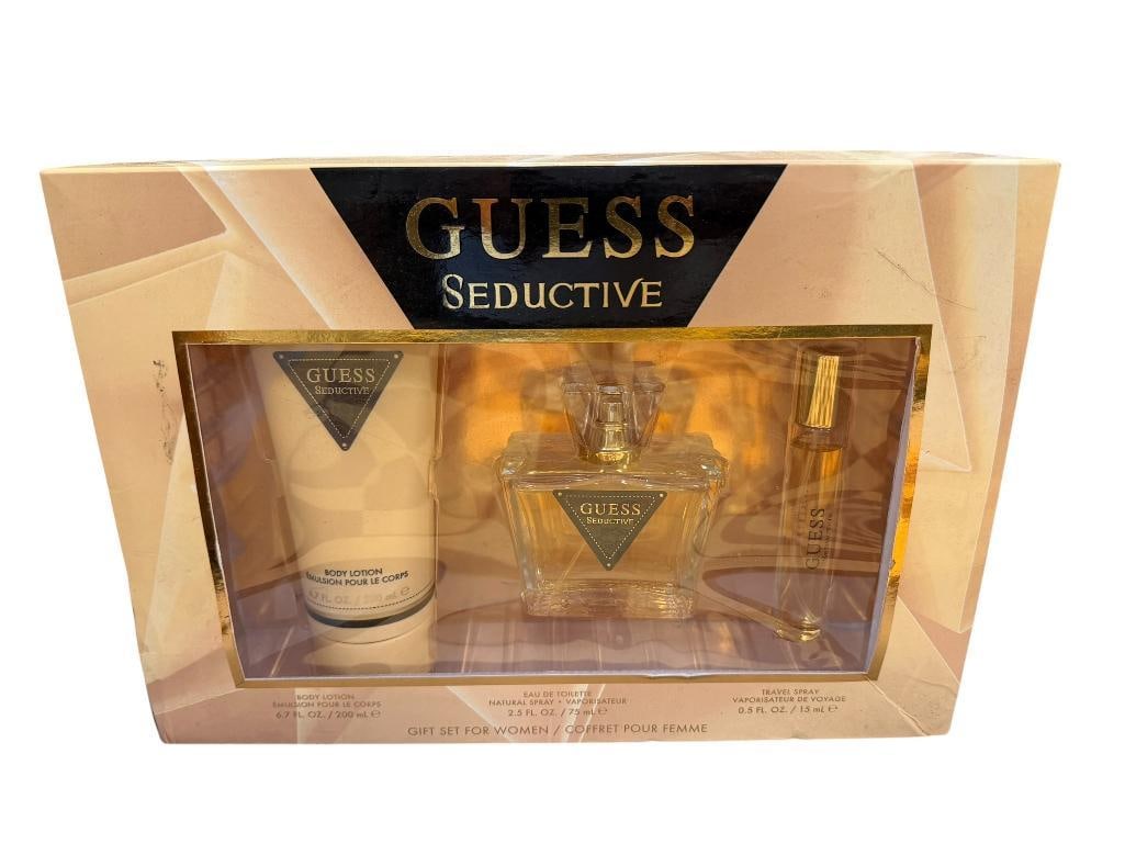 LADIES GUESS SEDUCTIVE GIFT SET: BODY LOTION, EAU DE TOILETTE, TRAVEL SPRAY, NEW 