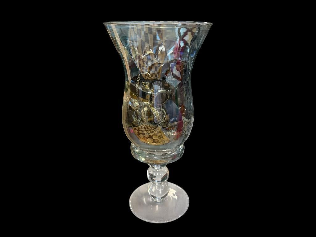 PEDESTAL FLARED VASE 3/4 FULL OF WATCHES: 13 1/2" H VASE
