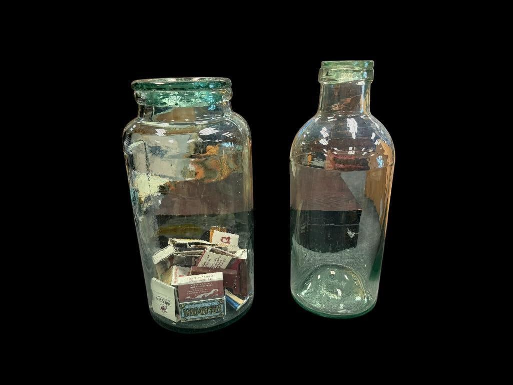 GREE TINTED GLASS JARS, ONE WITH ASSORTED MATCHBOOKS (1 of 13)