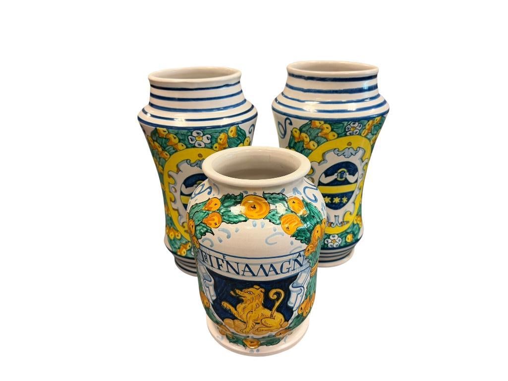 DOLE' MONTELUPO POTTERY HAND PAINTED TERRACOTA VASES WITH FRUIT MOTIF: LARGER VASES MATCH, EACH IS MARKED ON THE BOTTOM, MADE IN ITALY 8" AND 10 1/2" H