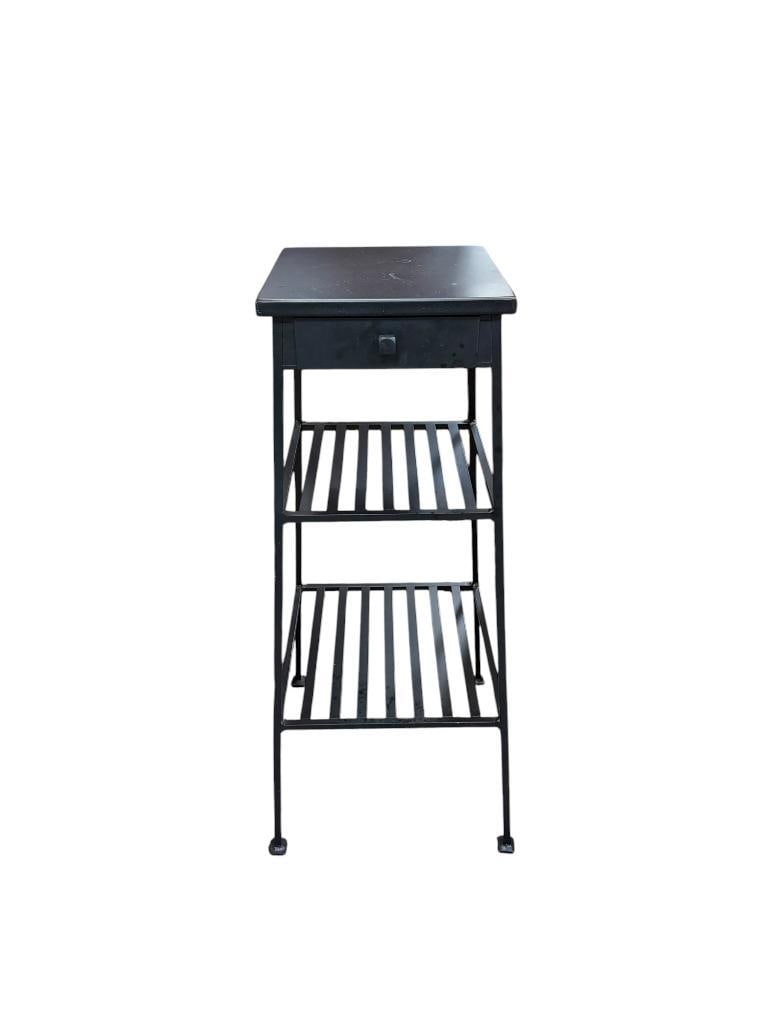 HEAVY GAUGE METAL TWO TIER PLANT STAND WITH STORAGE DRAWER: BLACK FINISH, IN LIKE-NEW CONDITION 30" H