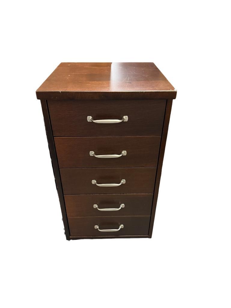 FIVE-DRAWER DARK FINISH ROLLING STORAGE CABINET: WITH SILVER FINISH HARDWARE 16" X 15" X 30"