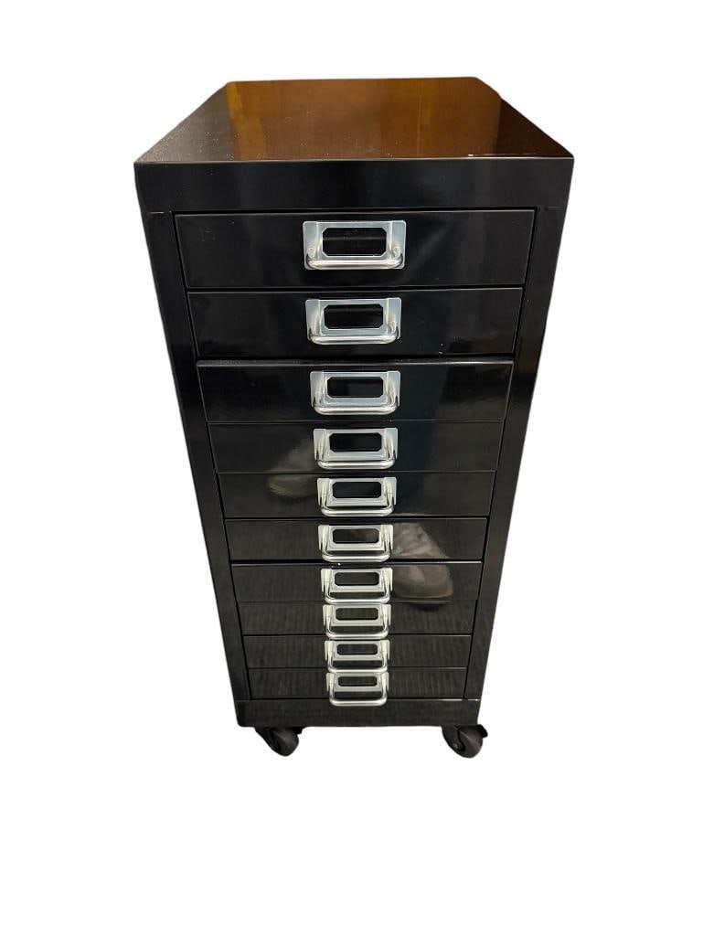 TEN-DRAWER ROLLING METAL STORAGE CABINET WITH SILVER FINISH HARDWARE: LIKE-NEW 11" X 16" X 27"