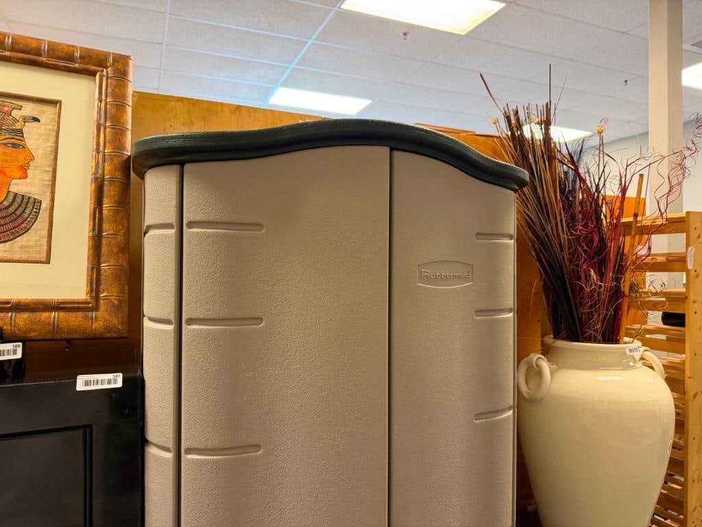 RUBBERMAID POLY OUTDOOR STORAGE CABINET WITH THREE SHELVES: LIKE-NEW 32" X 22" X 72"