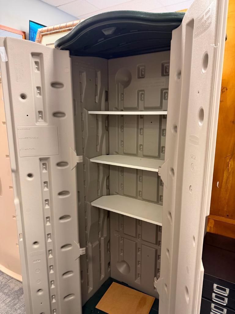 RUBBERMAID POLY OUTDOOR STORAGE CABINET WITH THREE SHELVES - 9