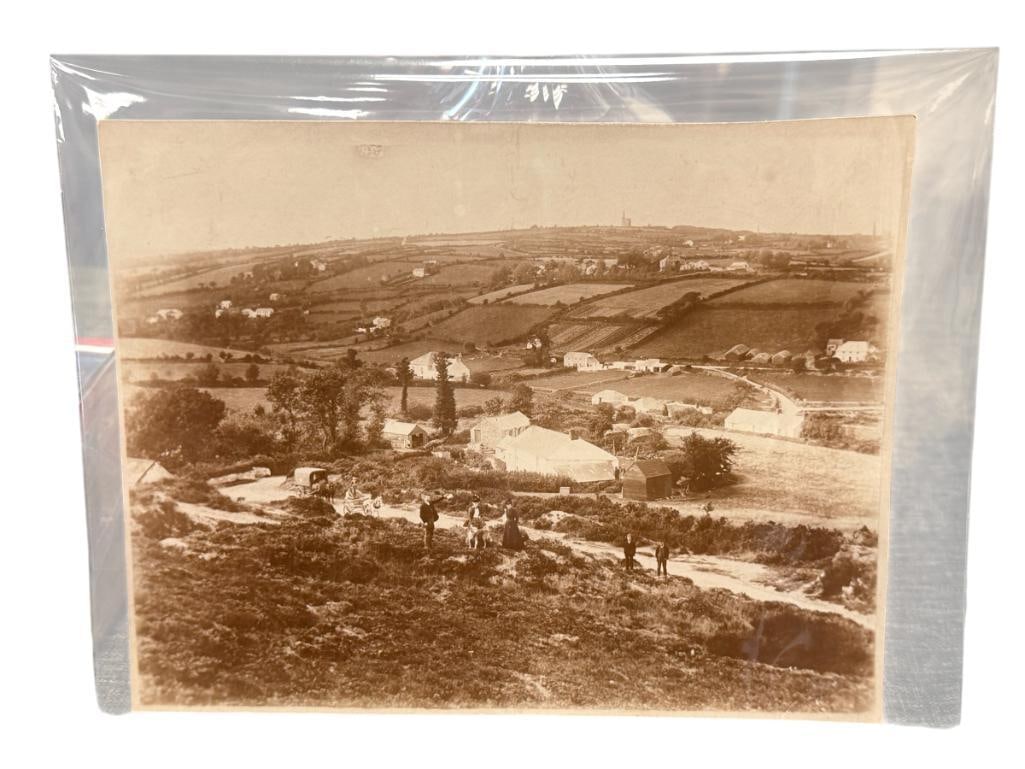 ANTIQUE SEPIA TONED PHOTOGRAPH OF FARMING TOWN SAN JOAQUIN, CA: PHOTO DEPICTS PEOPLE POSING ON A DIRT ROAD WITH HILLS AND HOMES IN THE BACKGROUND, PHOTO IS MARKED ON THE BACK 8" X 6 1/4"