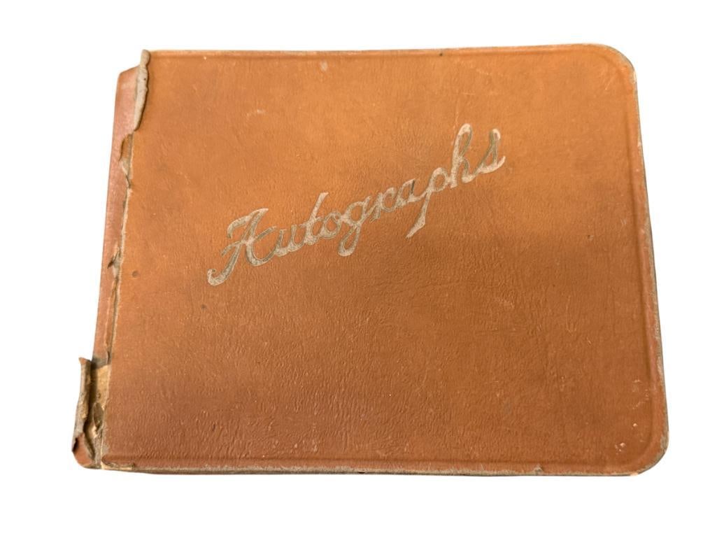 AUTOGRAPHED BOOK WITH MANY SIGNATURES MERLE OBERON, NIGEL BRUCE, PLUS 50 OTHER AUTOGRAPHS: AUTOGRAPH ALBUM WITH OVER 50 AUTOHRAPHS PLUS SEVERAL PHOTOGRAPHS, XAVIER CUGAT, JOHN GARFIELD, WALTER PIGEON, VAN JOHNSON, DINAH SHORE, AND MANY OTHER STARS, BOOK BINDING IS DAMAGED 6"X 4 1/4"