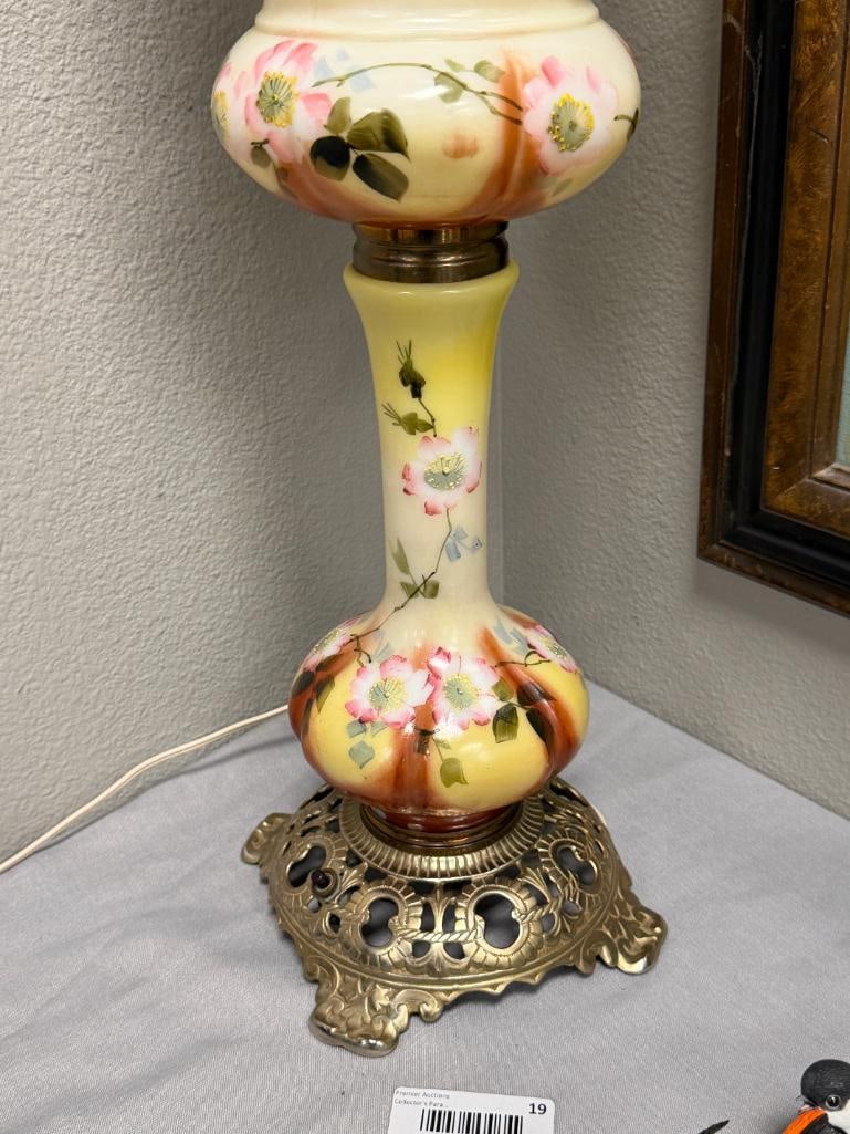 ANTIQUE THREE TIER HAND PAINTED PORCELAIN BANQUET TABLE LAMP FLORAL DESIGN - 2
