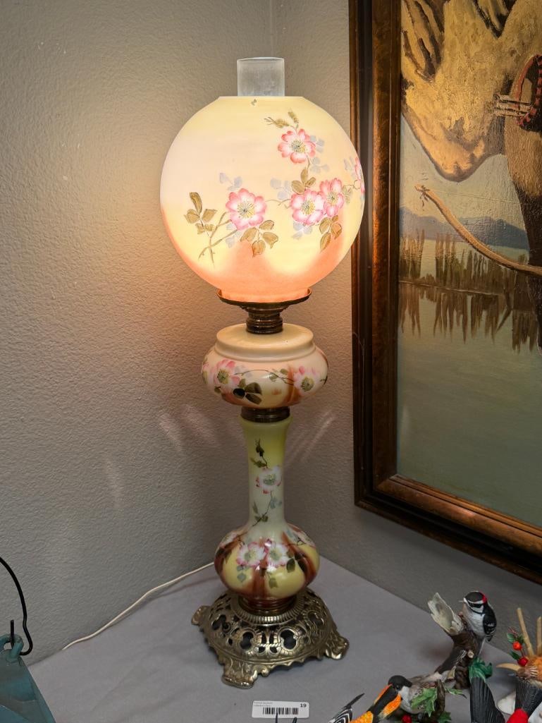 ANTIQUE THREE TIER HAND PAINTED PORCELAIN BANQUET TABLE LAMP FLORAL DESIGN - 7