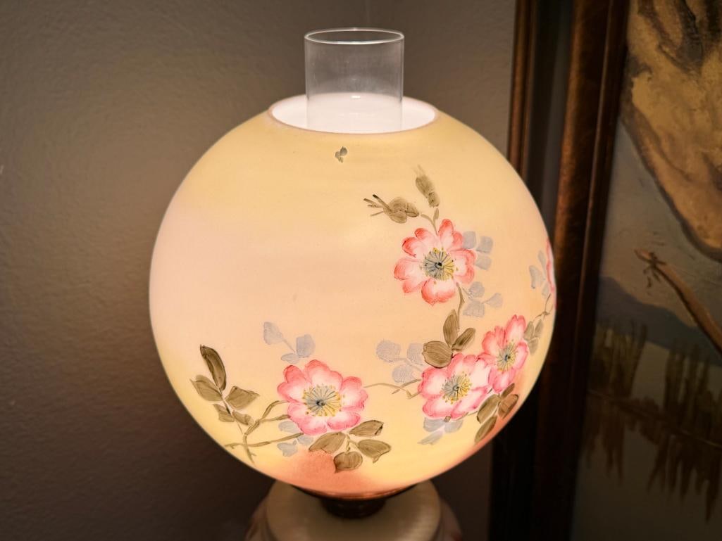 ANTIQUE THREE TIER HAND PAINTED PORCELAIN BANQUET TABLE LAMP FLORAL DESIGN - 8