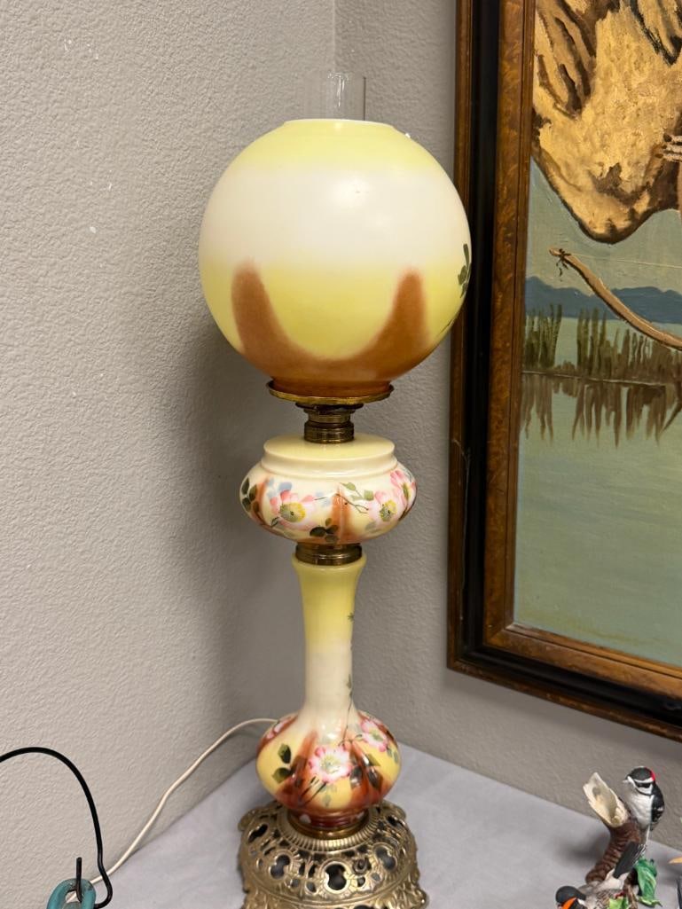 ANTIQUE THREE TIER HAND PAINTED PORCELAIN BANQUET TABLE LAMP FLORAL DESIGN - 9