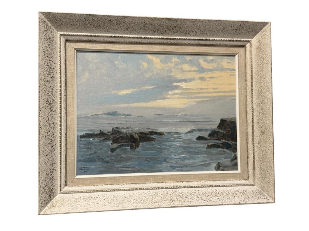 MONTE TRUMBULL ORIGINAL OIL ON CANVAS BOARD PAINTING DATED 1959: ORIGINAL PAINTING ON CANVAS BOARD, ART DEPICTS SEASCAPE WITH WAVES CRASHING ON ROCKS AND MOODY SKIES, SIGNED AND DATED LOWER LEFT, FRAMED 21 1/4" X 17 " FRAME