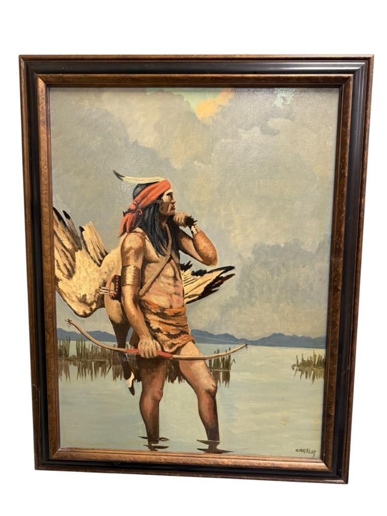GEORGE CARTER PROLIFIC RENO, NV ARTIST ORIGINAL OIL ON CANVAS PAINITNG TITLED STILL WATER HUNT '66: GEORGE CARTER (B. 1931) IS A RENOWNED LOCAL ARTIST KNOWN FOR HIS PAINTINGS OF NATIVE AMERICANS, SEASCAPES AND NEVADA LANDSCAPES, ART DEPICTS NATIVE AMERICAN HUNTER STANDING IN A MARSH WITH GEESE HUNT 