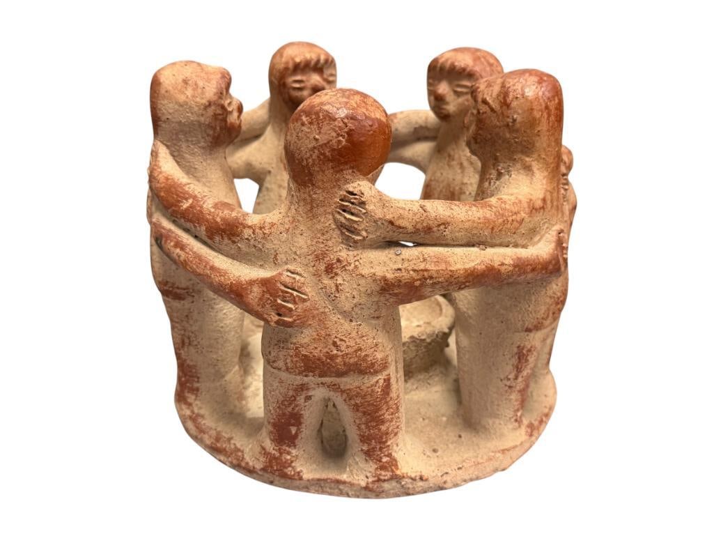 MEXICAN FOLK ART TERRACOTTA CIRCLE OF FRIENDS CLAY SCULPTURE CANDLE / INCENSE HOLDER (1 of 7)