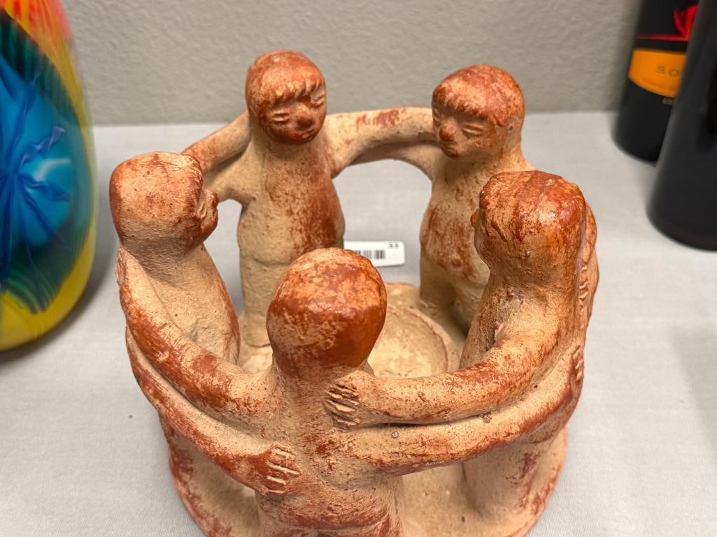 MEXICAN FOLK ART TERRACOTTA CIRCLE OF FRIENDS CLAY SCULPTURE CANDLE / INCENSE HOLDER - 2