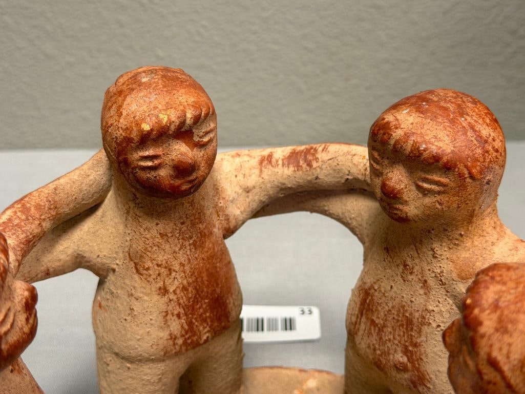 MEXICAN FOLK ART TERRACOTTA CIRCLE OF FRIENDS CLAY SCULPTURE CANDLE / INCENSE HOLDER - 3