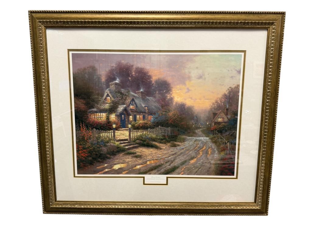 THOMAS KINKADE PAINTER OF LIFE LIMITED EDITION PRINT TEACUP COTTAGE NO. 1101/2850: SWEETHEART HIDEAWAYS III SERIES, DEPICTS PROMINENT COTTAGE WITH DIRT ROAD LEADING TO OTHTER COTTAGES, SIGNED LOWER RIGHT, FRAMED 35 1/4" X 30 1/4" FRAMED