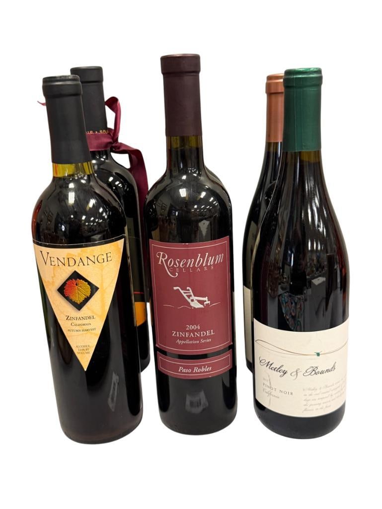 SIX BOTTLES OF SEALED WINE ZIFANDEL, MERLOT, ZIFANDEL, ROSENBLUM, VENDANGE, SAINT-ESPRIT, SOLARIS: 2004 ROSENBLUM, 2015 METLEY & BOUNDS, 2013 SAINT-ESPRIT, 2017 THE WOLD TRAP, 2002 SOLARIS, AND VENDANGE AUTUMN HARVEST, EACH BOTTLES IS SEALED, WERE STORED PROPERLY, MUST BE 21+ TO BID AND PU