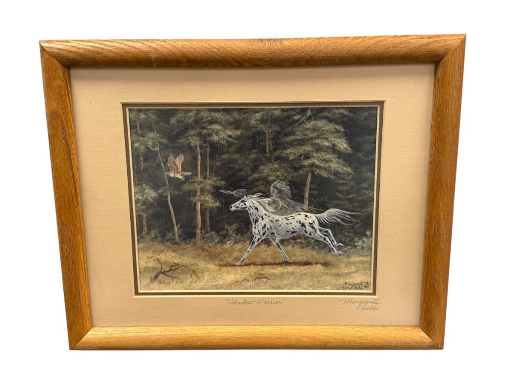 MARGUERITE FIELDS NATIVE AMERICAN AND NATURE ARTIST LIMITED EDITION PRINT TITLED SHADOW-WARRIOR: MARGUERITE FIELDS (1934-2022) CALIFORNIA BORN ARTIST, KNOWN AS INSTRUCTOR AND ARTIST FOR PAINTING SCENES OF WILDLIFE AND NATIVE AMERICANS, ART DEPICTS SCENE OF GALLOPING HORSE AND GHOSTED NATIVE AMERI