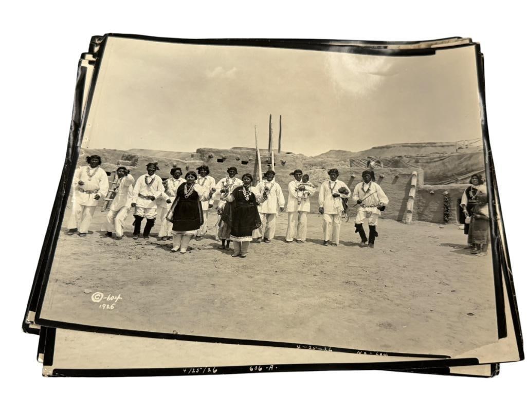 1926 ANTIQUE BLACK AND WHITE PHOTOGRAPH OF NATIVE AMERICANS BY ELY, NV PHOTOGRAPHER JOHN W. WALKER: NINE TOTAL PHOTOGRAPHS, EACH PHOTO DEPICTS SCENES OF NATIVE AMERICANS GATHERED BEFORE A CEREMONY WITH ADOBE HOMES IN THE BACKGROUND, EACH PHOTO HAS COPYRIGHT STAMP BY THE PHOTOGRAPHER ON THE BACK, PHO