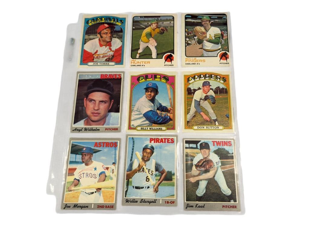 1970, 1972, 1973 TOPPS HALL OF FAMER BASEBALL CARDS ROLLIE FINGER, DON SUTTON, WILLIE STARGELL: JIM HUNTER, JOE TORRE, BILLY WILLIAMS, HOYT WILHELM, JOE MORGAN, JIM KAAT, SEE PHOTOS FOR CONDITION, FROM THE ESTATE OF A LOCAL RENO, NV DOCTOR AT RENOWN WHO RAN BIG LEAGUE SPORTS MEDICINE BASEBA