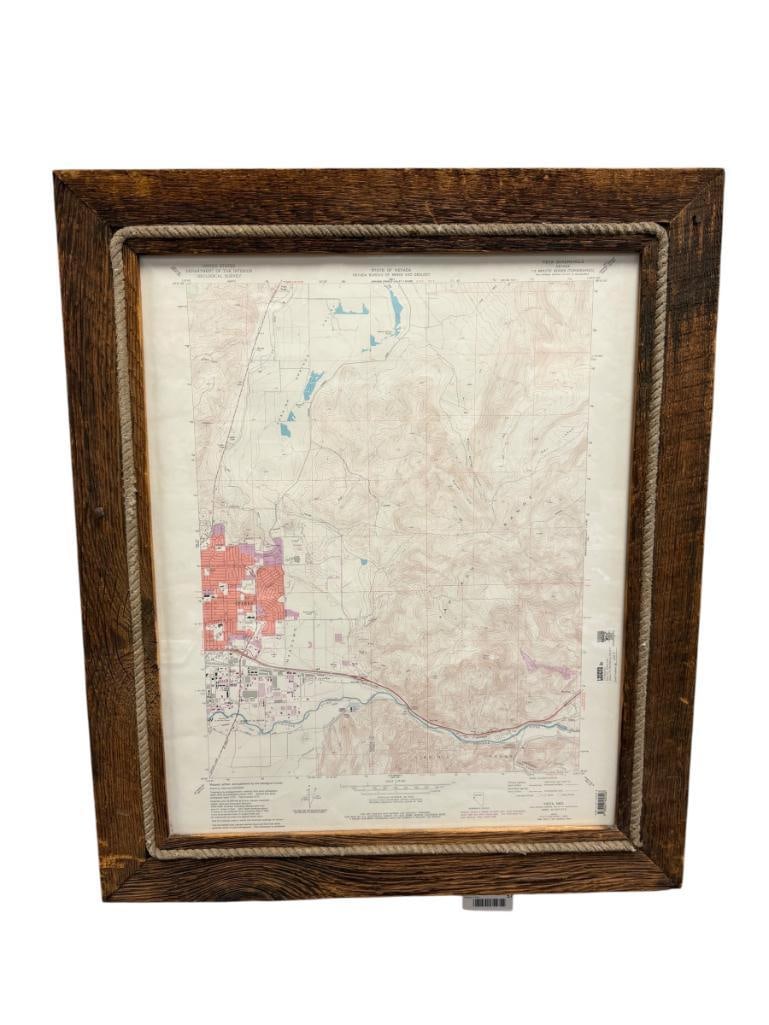 1980'S STATE OF NEVADA, NEVADA BUREAU OF MINES AND GEOLOGY MAP: VISTA QUADRANGLE SPANISH SPRINGS VALLEY, 1975 MAP REVISED IN 1982, BUSINESS CARD ON THE BACK FROM MIKE CALL POINTS 2 PONDER SPARKS, NV, FRAMED 28 1/4" X 33 1/2" FRAMED