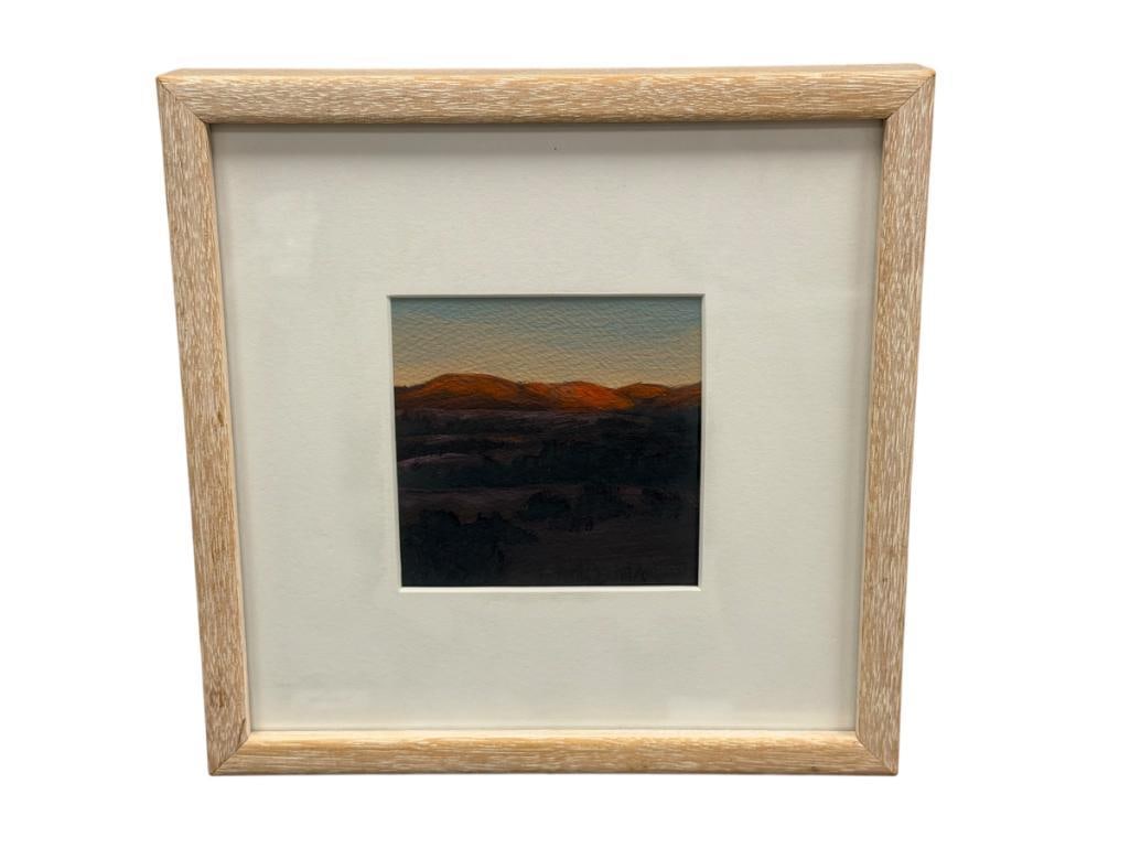 JEAN MOONEY NORTHERN CALIFORNIA ARTIST ORIGINAL OIL PAINTING LANDSCAPE: JEAN MOONEY (1935--2024) WAS AN AMERICAN ARTIST FROM NORTHERN CALIFORNIA, MEMBER OF THE AMERICAN ARTISTS PROFESSIONAL LEAGUE, ART DEPICTS A DESERT LANDSCAPE SUNSET WITH HILLS AND BRUSH, SIGNED LOWER R