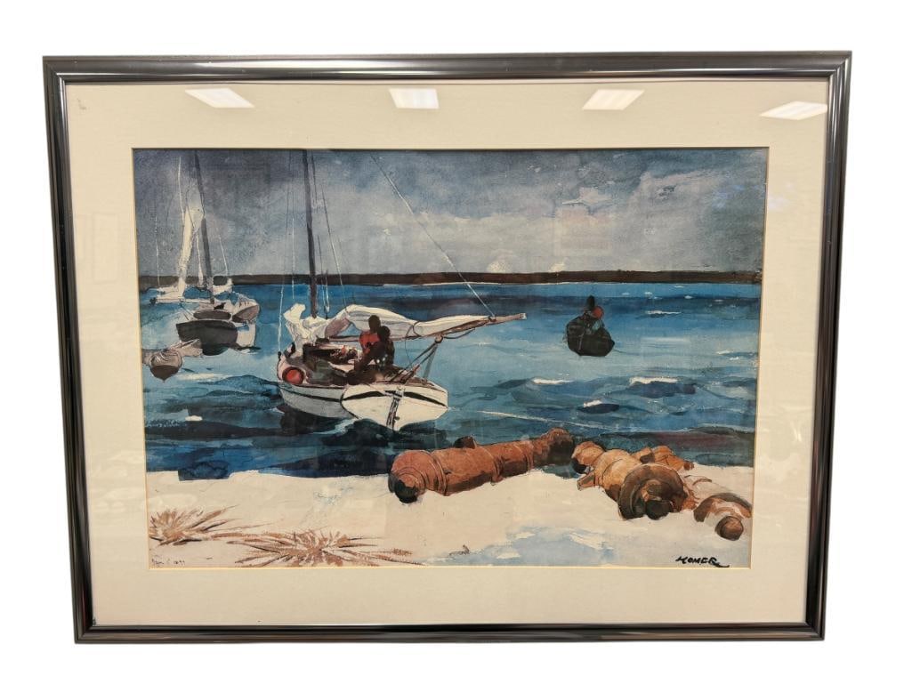 WINSLOW HOMER AMERICAN ARTIST ICONIC PRINT TITLED NASSAU: WINSLOW HOMER (1836-1910) WAS AN AMERICAN LANDSCAPE PAINTER, ART DEPICTS A SCENE FROM HIS TRAVELS TO THE BAHAMAS CAPTURING TROPICAL WATERS AND LOCAL BOATS, PLATE SIGNED LOWER RIGHT, FRAMED 35" X 27"