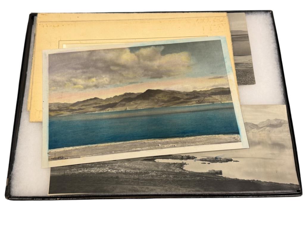 1930'S PHOTOS OF PYRAMID LAKE IN NEVADA INCLUDES ONE HAND COLORED PHOTOGRAPH: PHOTOS SHOW LANDSCAPE OF PYRAMID LAKE WITH VIEWS OF BEACHES, TUFA FORMATIONS, MOUNTAINS, ETC. 14" X 5", 11 3/4" X 7 3/4", 12" X 7"