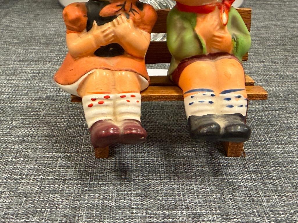 1959 NAPCO MID-CENTURY NATIONAL POTTERIES CO. HUMMEL STYLED SALT AND PEPPER SHAKERS WITH BENCH - 3