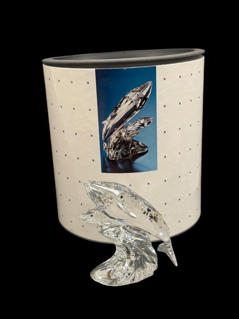 SWAROVSKI CRYSTAL SCS ANNUAL EDITION CARE FOR ME - THE WHALES DESIGNED BY MICHAEL STAMEY 1992: IN MINT CONDITION WITH ORIGINAL STORAGE TUBE, CERTIFICATE BOOK, FIGURE IS MARKED ON THE BOTTOM, NO CHIPS OR REPAIRS 4 1/8" H